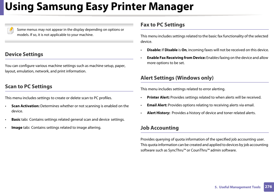 Using samsung easy printer manager, Device settings, Scan to pc settings | Fax to pc settings, Alert settings (windows only), Job accounting | Samsung SCX-3405W-XAC User Manual | Page 276 / 331
