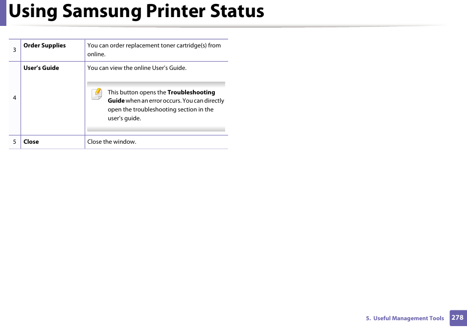 Using samsung printer status | Samsung SCX-3405W-XAC User Manual | Page 278 / 331