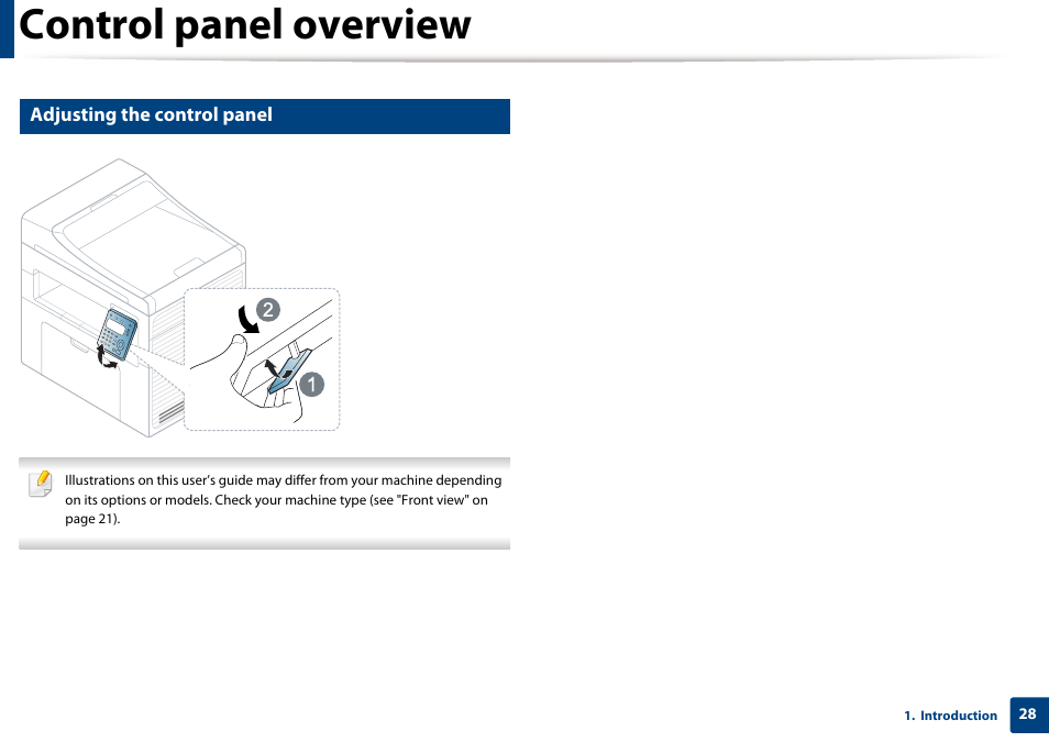 Control panel overview, Adjusting the control panel | Samsung SCX-3405W-XAC User Manual | Page 28 / 331