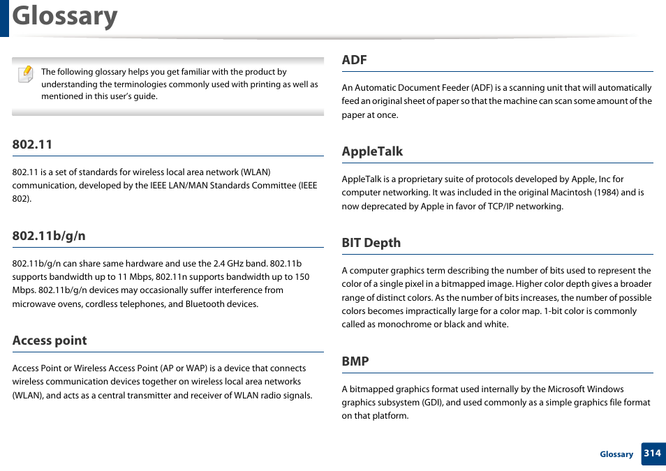 Glossary, 11b/g/n, Access point | Appletalk, Bit depth | Samsung SCX-3405W-XAC User Manual | Page 314 / 331