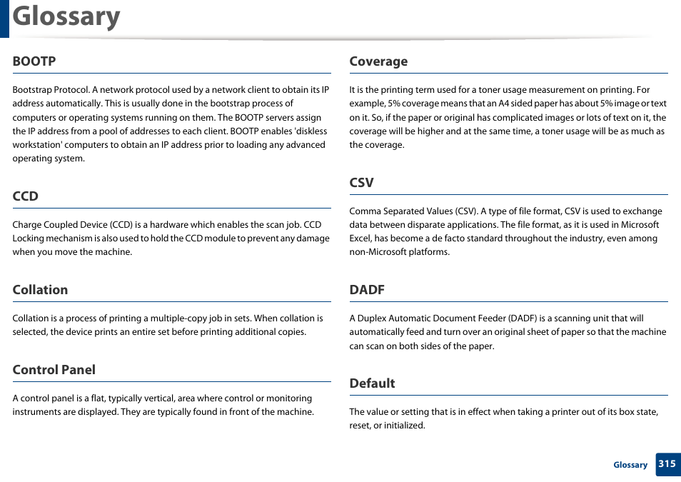 Glossary, Bootp, Collation | Control panel, Coverage, Dadf, Default | Samsung SCX-3405W-XAC User Manual | Page 315 / 331