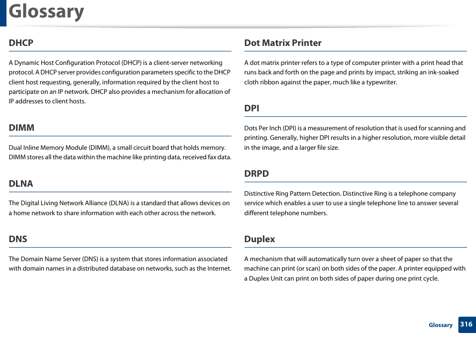 Glossary, Dhcp, Dimm | Dlna, Dot matrix printer, Drpd, Duplex | Samsung SCX-3405W-XAC User Manual | Page 316 / 331