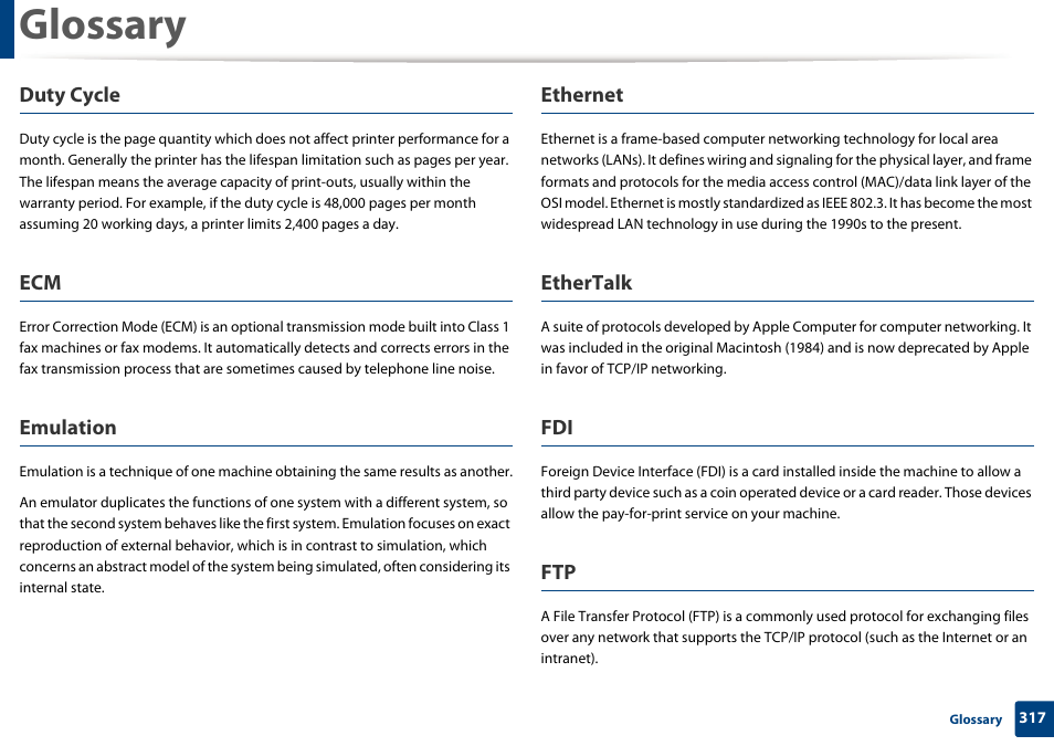 Glossary, Duty cycle, Emulation | Ethernet, Ethertalk | Samsung SCX-3405W-XAC User Manual | Page 317 / 331