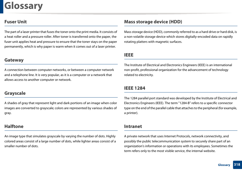 Glossary, Fuser unit, Gateway | Grayscale, Halftone, Mass storage device (hdd), Ieee, Ieee 1284, Intranet | Samsung SCX-3405W-XAC User Manual | Page 318 / 331