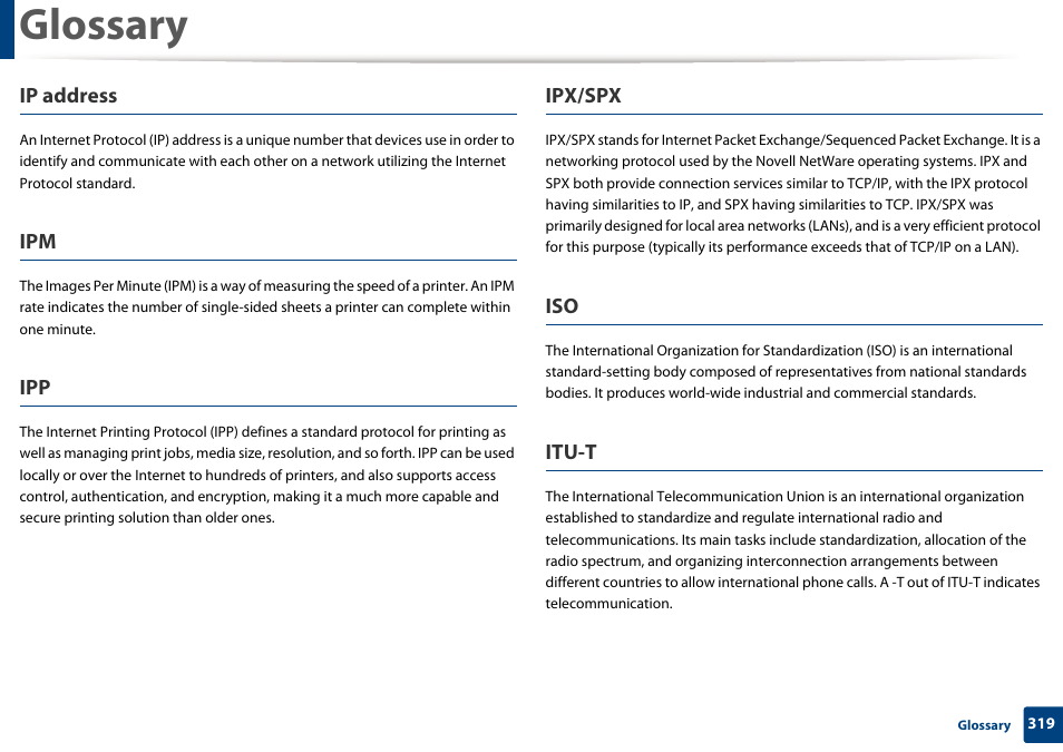 Glossary, Ip address, Ipx/spx | Itu-t | Samsung SCX-3405W-XAC User Manual | Page 319 / 331