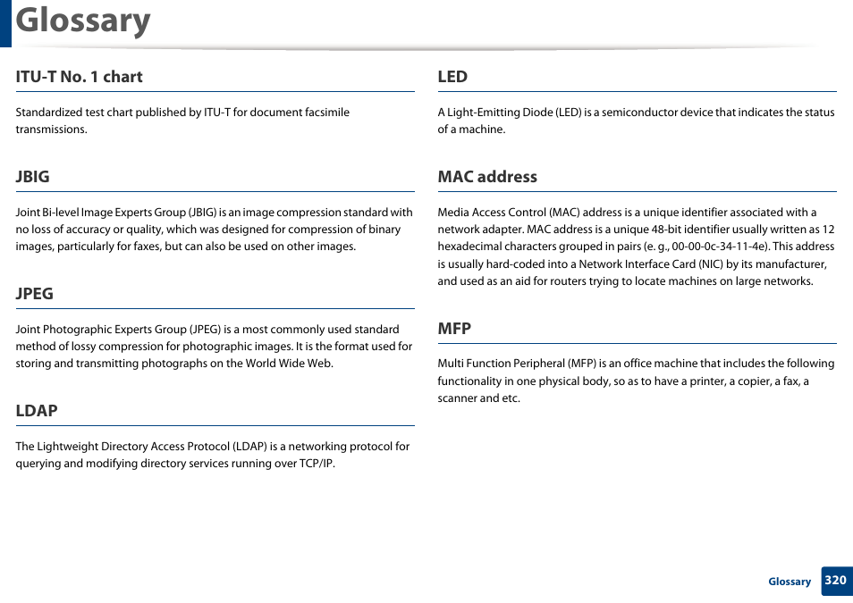 Glossary, Itu-t no. 1 chart, Jbig | Jpeg, Ldap, Mac address | Samsung SCX-3405W-XAC User Manual | Page 320 / 331