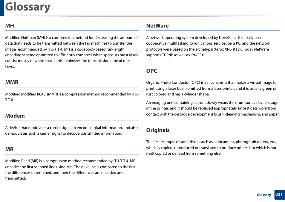 Glossary, Modem, Netware | Originals | Samsung SCX-3405W-XAC User Manual | Page 321 / 331