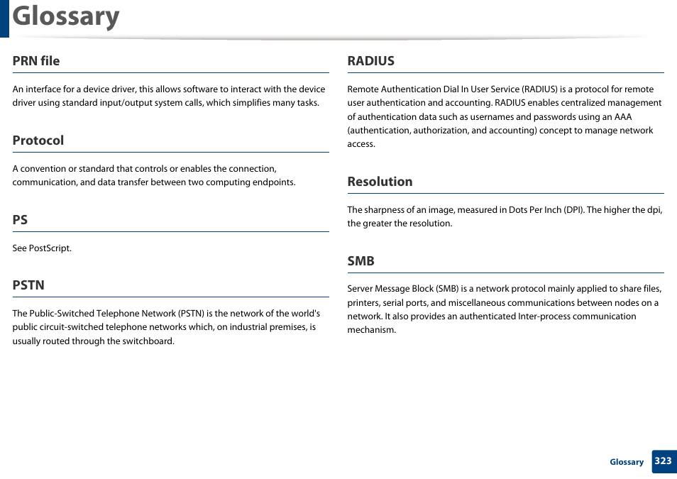 Glossary, Prn file, Protocol | Pstn, Radius, Resolution | Samsung SCX-3405W-XAC User Manual | Page 323 / 331