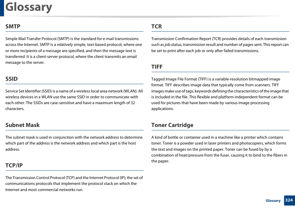Glossary, Smtp, Ssid | Subnet mask, Tcp/ip, Tiff, Toner cartridge | Samsung SCX-3405W-XAC User Manual | Page 324 / 331
