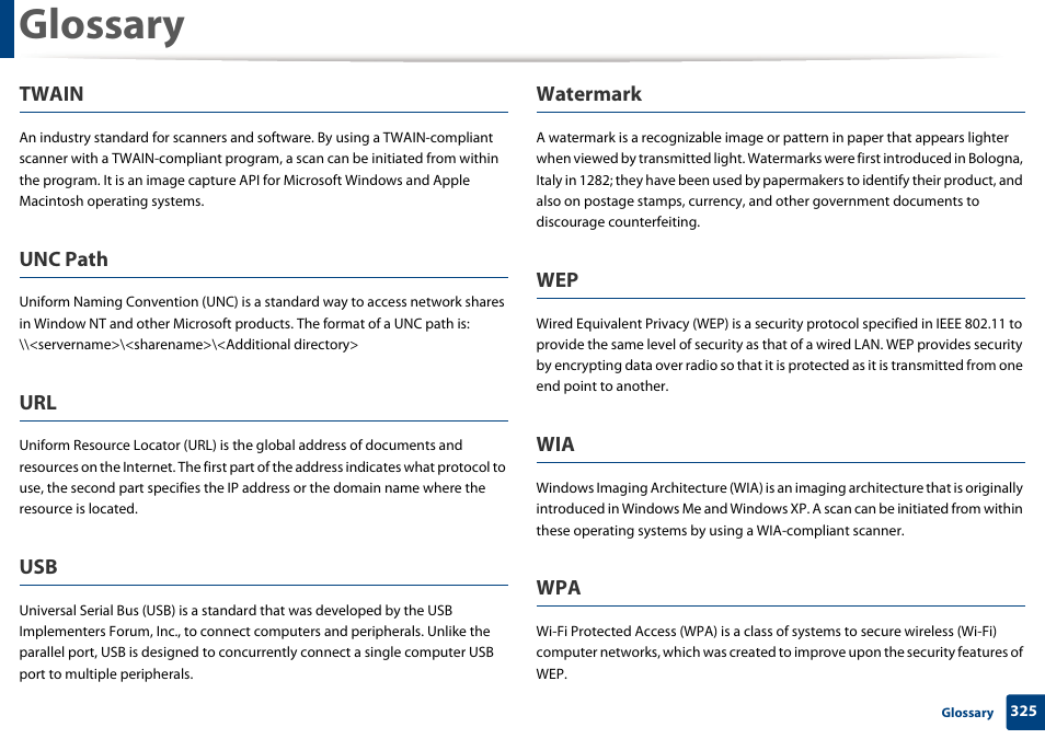Glossary, Twain, Unc path | Watermark | Samsung SCX-3405W-XAC User Manual | Page 325 / 331
