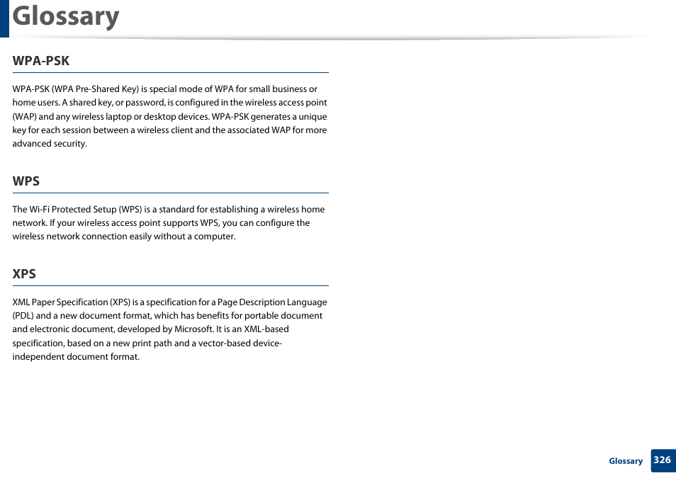 Glossary, Wpa-psk | Samsung SCX-3405W-XAC User Manual | Page 326 / 331