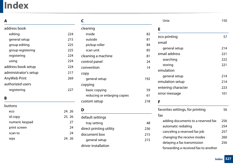 Index | Samsung SCX-3405W-XAC User Manual | Page 327 / 331