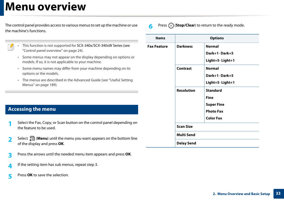 Menu overview, Accessing the menu | Samsung SCX-3405W-XAC User Manual | Page 33 / 331