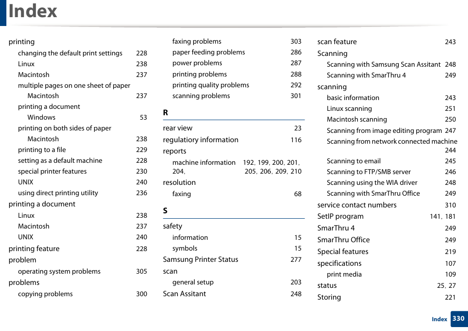 Index | Samsung SCX-3405W-XAC User Manual | Page 330 / 331