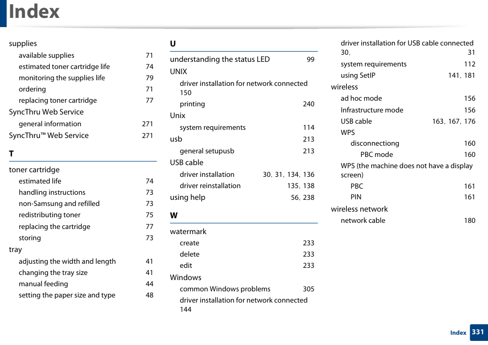 Index | Samsung SCX-3405W-XAC User Manual | Page 331 / 331