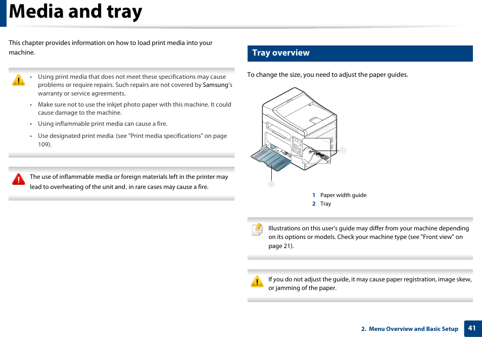 Media and tray, Tray overview | Samsung SCX-3405W-XAC User Manual | Page 41 / 331