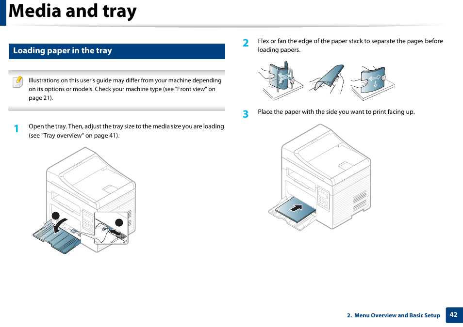 Media and tray, Loading paper in the tray | Samsung SCX-3405W-XAC User Manual | Page 42 / 331