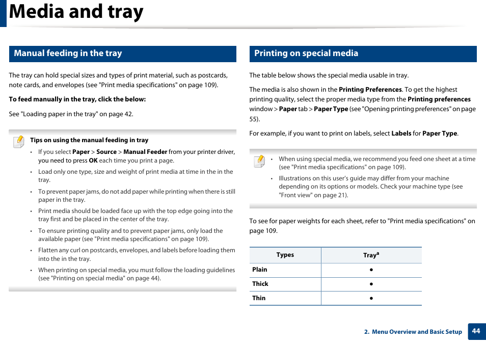 Media and tray, Manual feeding in the tray, Printing on special media | Samsung SCX-3405W-XAC User Manual | Page 44 / 331