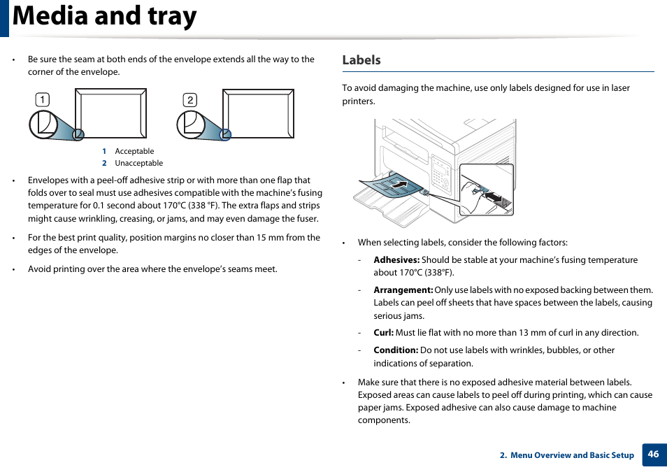 Media and tray, Labels | Samsung SCX-3405W-XAC User Manual | Page 46 / 331