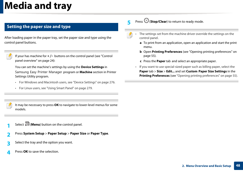 Media and tray, Setting the paper size and type | Samsung SCX-3405W-XAC User Manual | Page 48 / 331