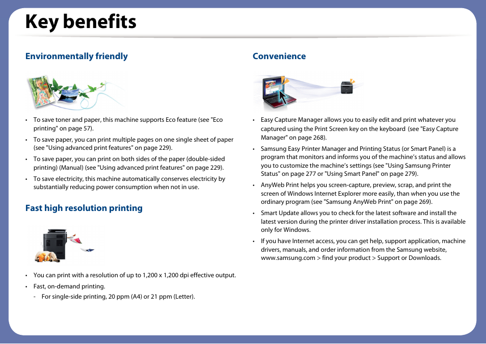 Key benefits, Environmentally friendly, Fast high resolution printing | Convenience | Samsung SCX-3405W-XAC User Manual | Page 5 / 331
