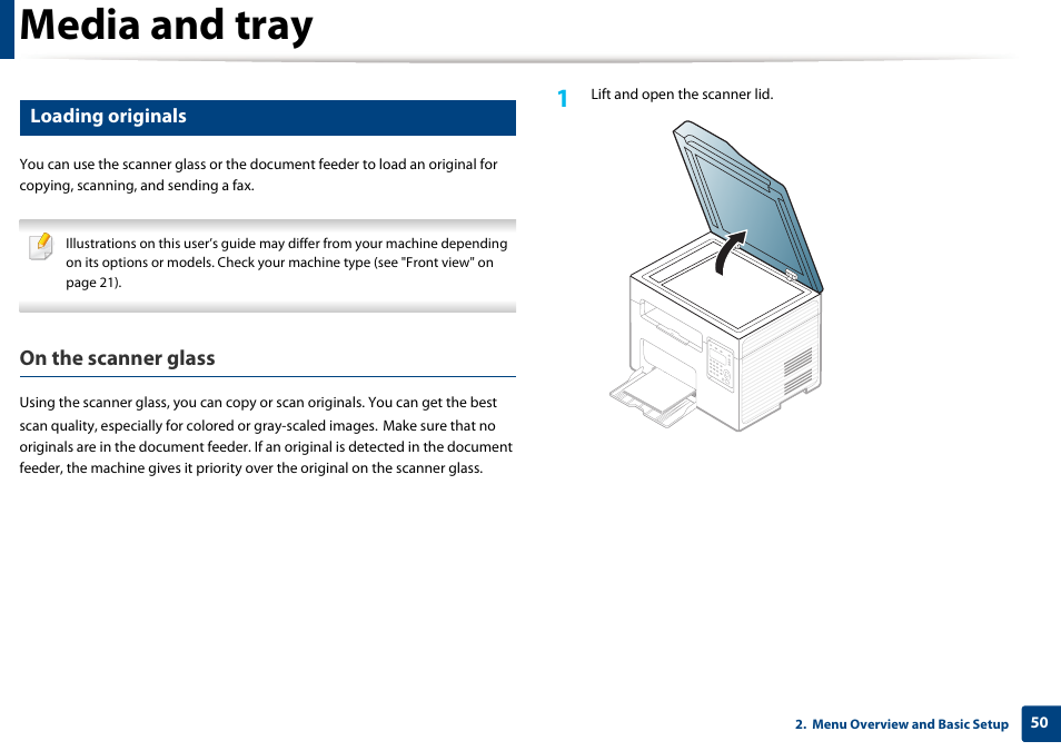 Media and tray, On the scanner glass, Loading originals | Samsung SCX-3405W-XAC User Manual | Page 50 / 331