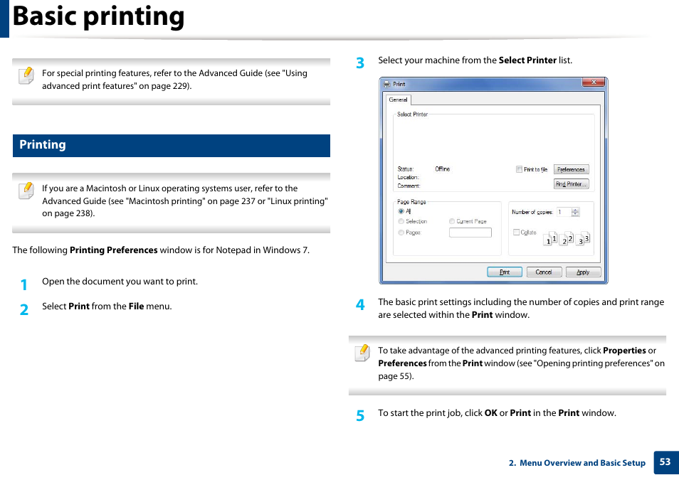 Basic printing, Printing | Samsung SCX-3405W-XAC User Manual | Page 53 / 331