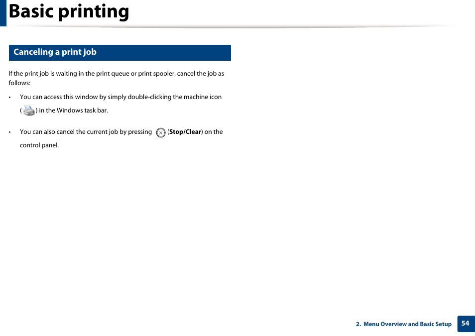 Basic printing, Canceling a print job | Samsung SCX-3405W-XAC User Manual | Page 54 / 331