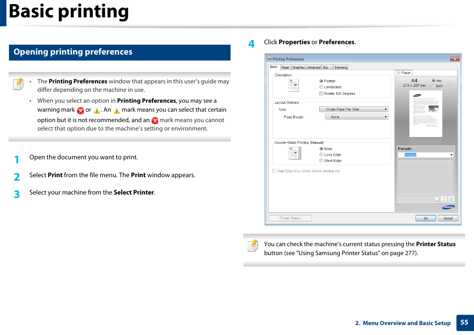 See "opening printing preferences" on, Basic printing, Opening printing preferences | Samsung SCX-3405W-XAC User Manual | Page 55 / 331