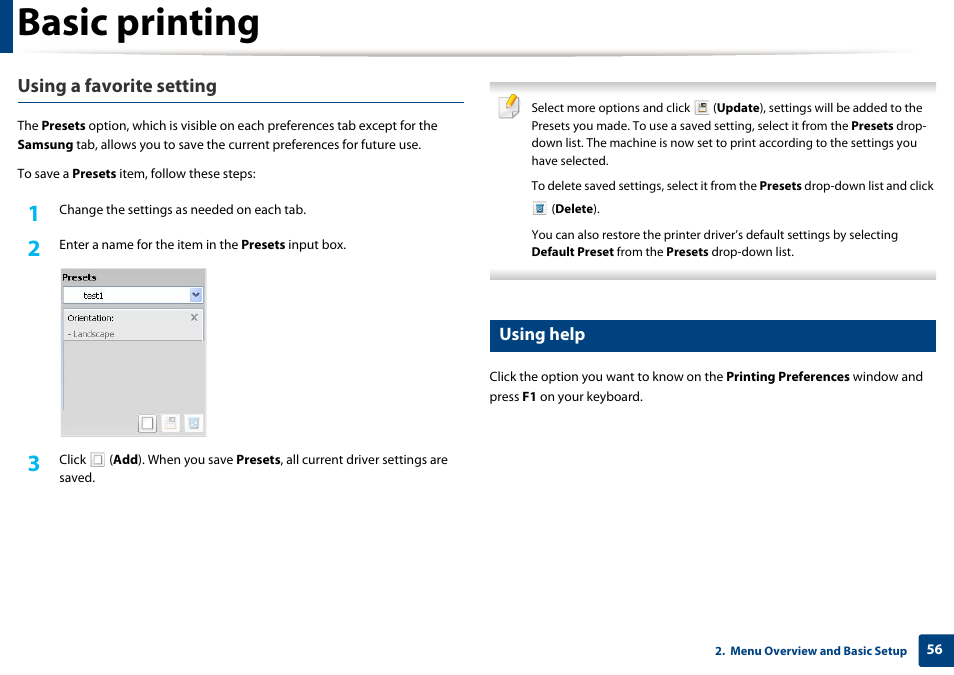 Basic printing, Using a favorite setting, Using help | Samsung SCX-3405W-XAC User Manual | Page 56 / 331