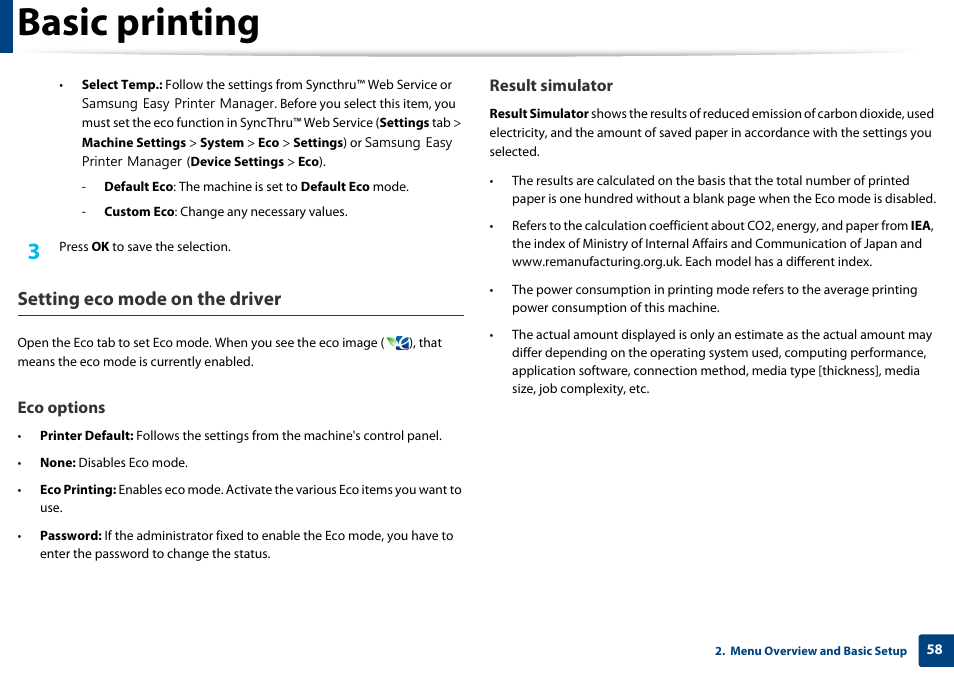 Basic printing, Setting eco mode on the driver | Samsung SCX-3405W-XAC User Manual | Page 58 / 331