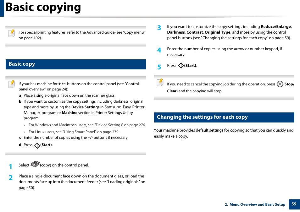 Basic copying, Basic copy, Changing the settings for each copy | Samsung SCX-3405W-XAC User Manual | Page 59 / 331