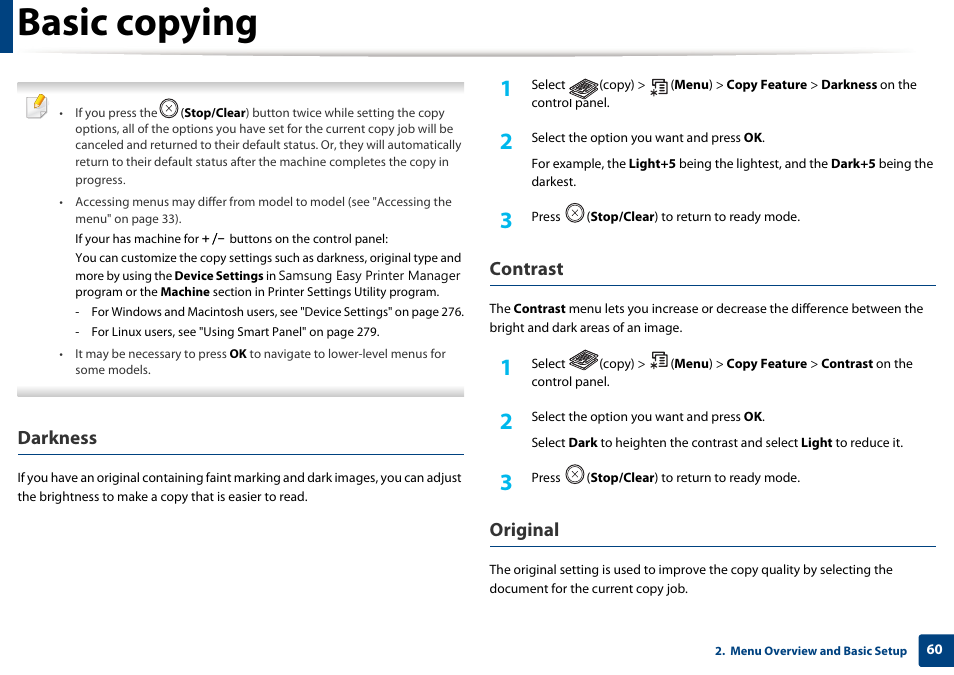 Basic copying, Darkness, Contrast | Original | Samsung SCX-3405W-XAC User Manual | Page 60 / 331