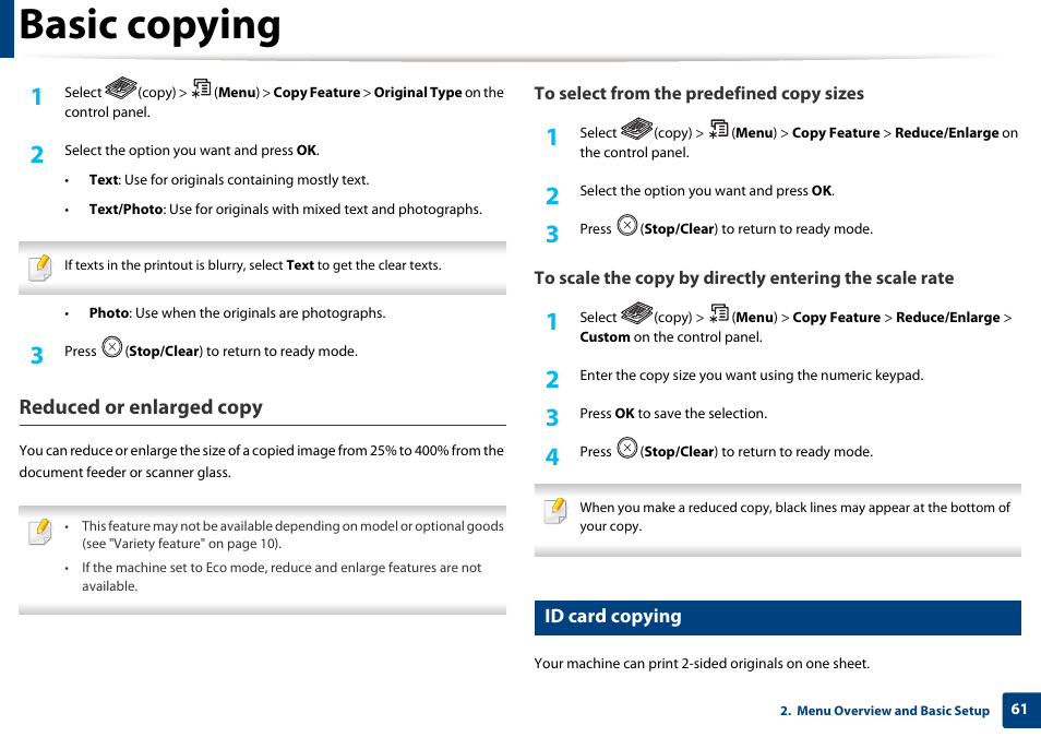 Basic copying, Reduced or enlarged copy, Id card copying | Samsung SCX-3405W-XAC User Manual | Page 61 / 331