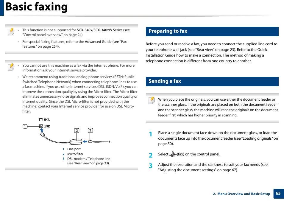 Basic faxing, Preparing to fax, Sending a fax | Samsung SCX-3405W-XAC User Manual | Page 65 / 331