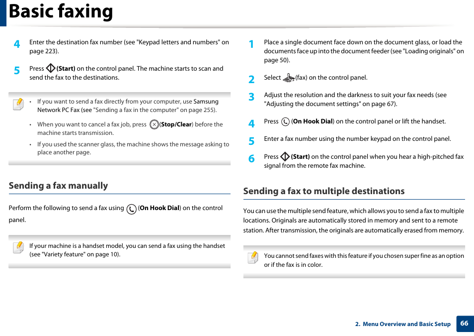 Basic faxing, Sending a fax manually, Sending a fax to multiple destinations | Samsung SCX-3405W-XAC User Manual | Page 66 / 331