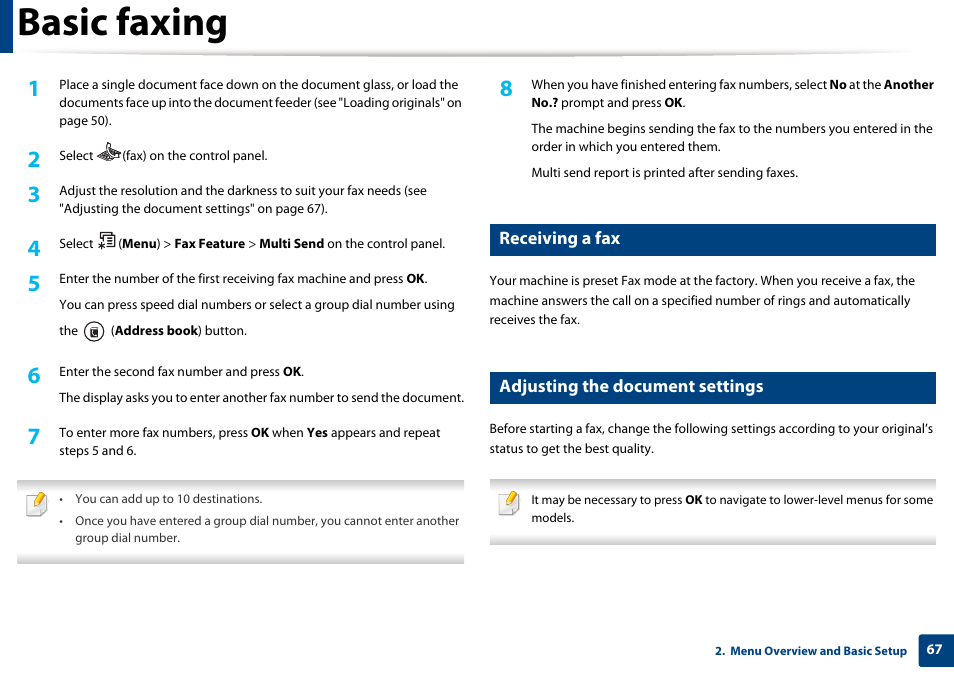 Basic faxing, Receiving a fax, Adjusting the document settings | Samsung SCX-3405W-XAC User Manual | Page 67 / 331