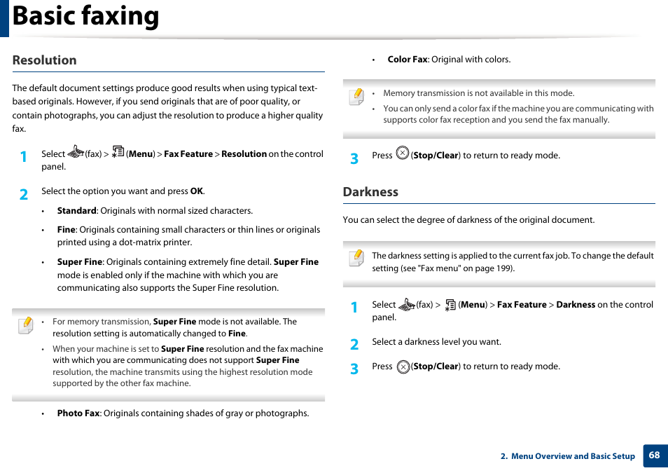 Basic faxing, Resolution, Darkness | Samsung SCX-3405W-XAC User Manual | Page 68 / 331