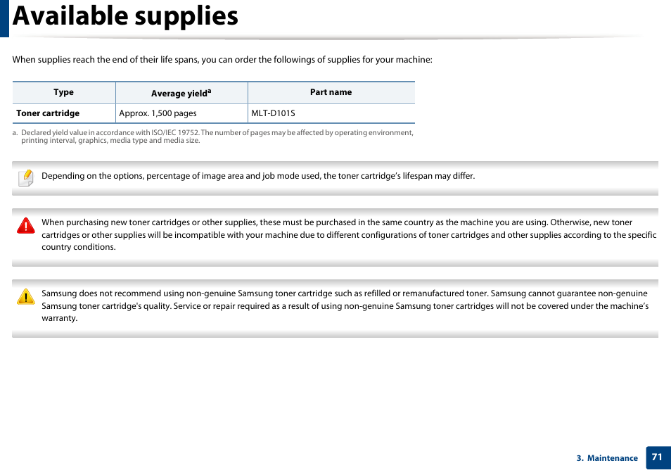 Available supplies | Samsung SCX-3405W-XAC User Manual | Page 71 / 331