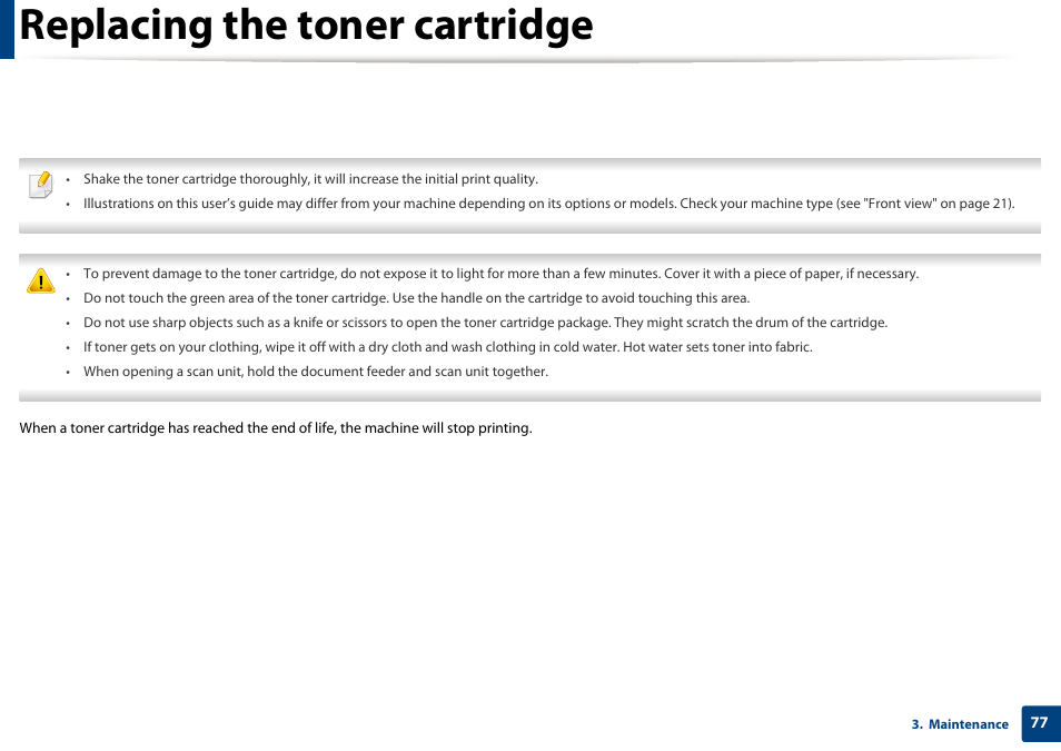 Replacing the toner cartridge | Samsung SCX-3405W-XAC User Manual | Page 77 / 331