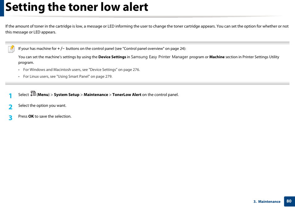 Setting the toner low alert | Samsung SCX-3405W-XAC User Manual | Page 80 / 331