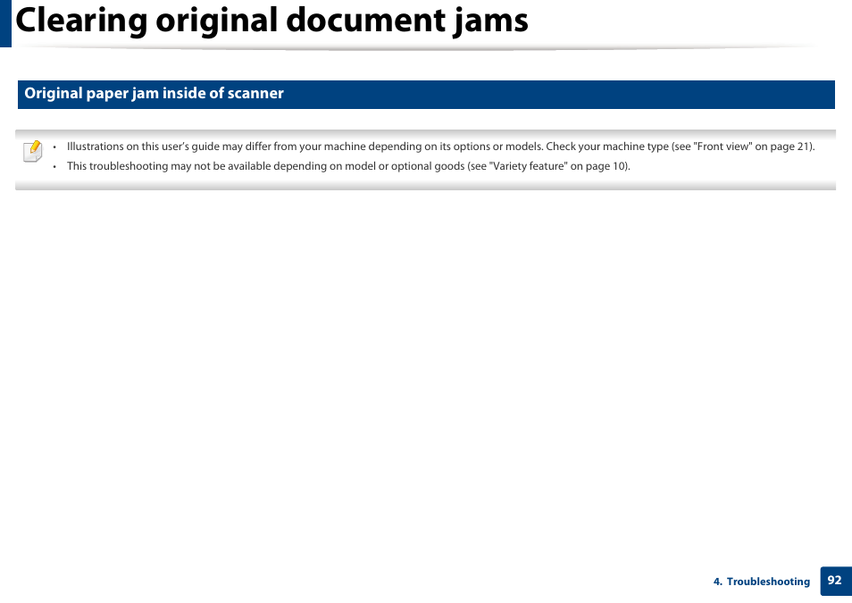 Clearing original document jams, Original paper jam inside of scanner | Samsung SCX-3405W-XAC User Manual | Page 92 / 331