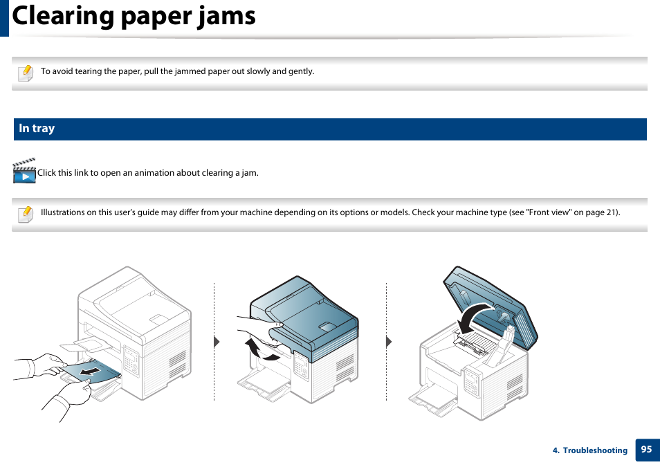 Clearing paper jams | Samsung SCX-3405W-XAC User Manual | Page 95 / 331
