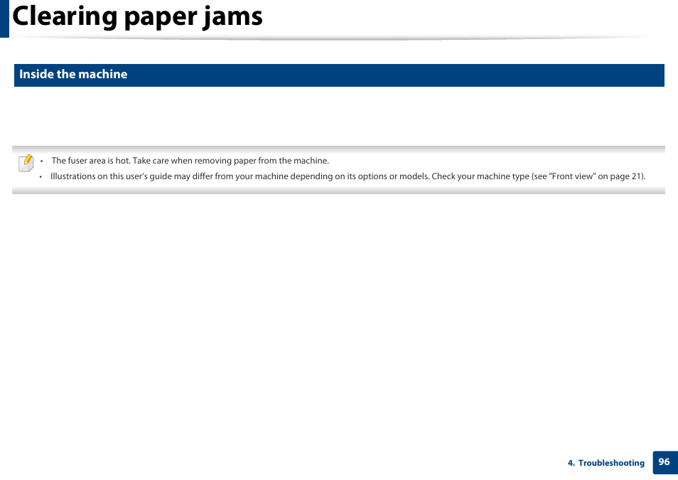 Clearing paper jams, Inside the machine | Samsung SCX-3405W-XAC User Manual | Page 96 / 331