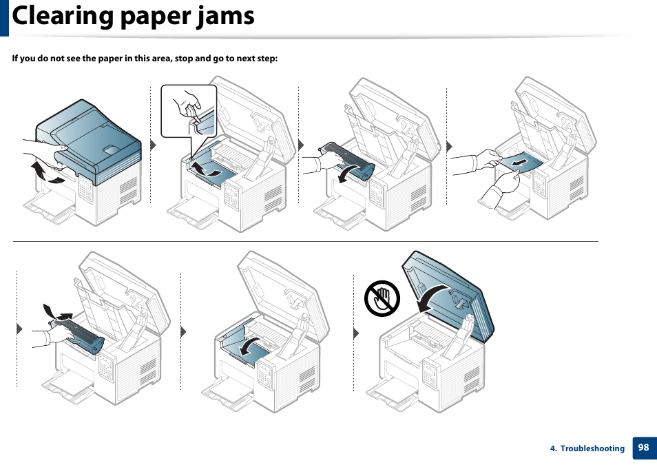 Clearing paper jams | Samsung SCX-3405W-XAC User Manual | Page 98 / 331