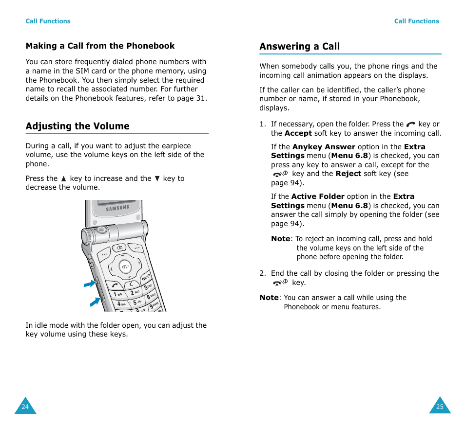 Adjusting the volume, Answering a call | Samsung SGH-V206MSAAWS User Manual | Page 14 / 85