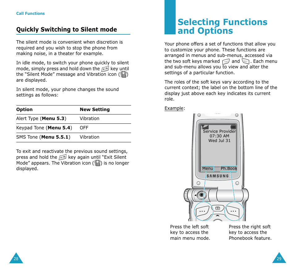 Selecting functions and options, Quickly switching to silent mode | Samsung SGH-V206MSAAWS User Manual | Page 16 / 85