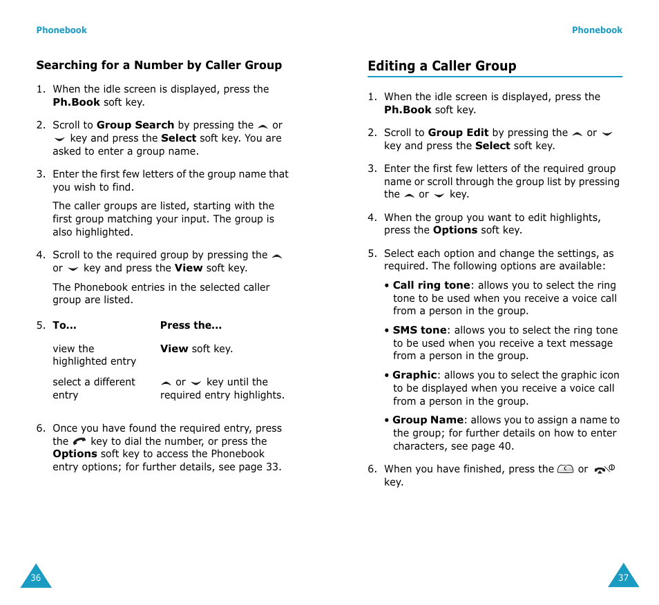 Editing a caller group | Samsung SGH-V206MSAAWS User Manual | Page 20 / 85