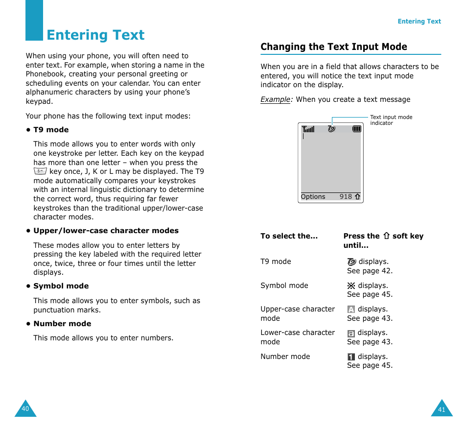 Entering text, Changing the text input mode | Samsung SGH-V206MSAAWS User Manual | Page 22 / 85