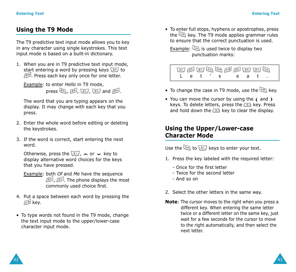 Using the t9 mode, Using the upper/lower-case character mode | Samsung SGH-V206MSAAWS User Manual | Page 23 / 85